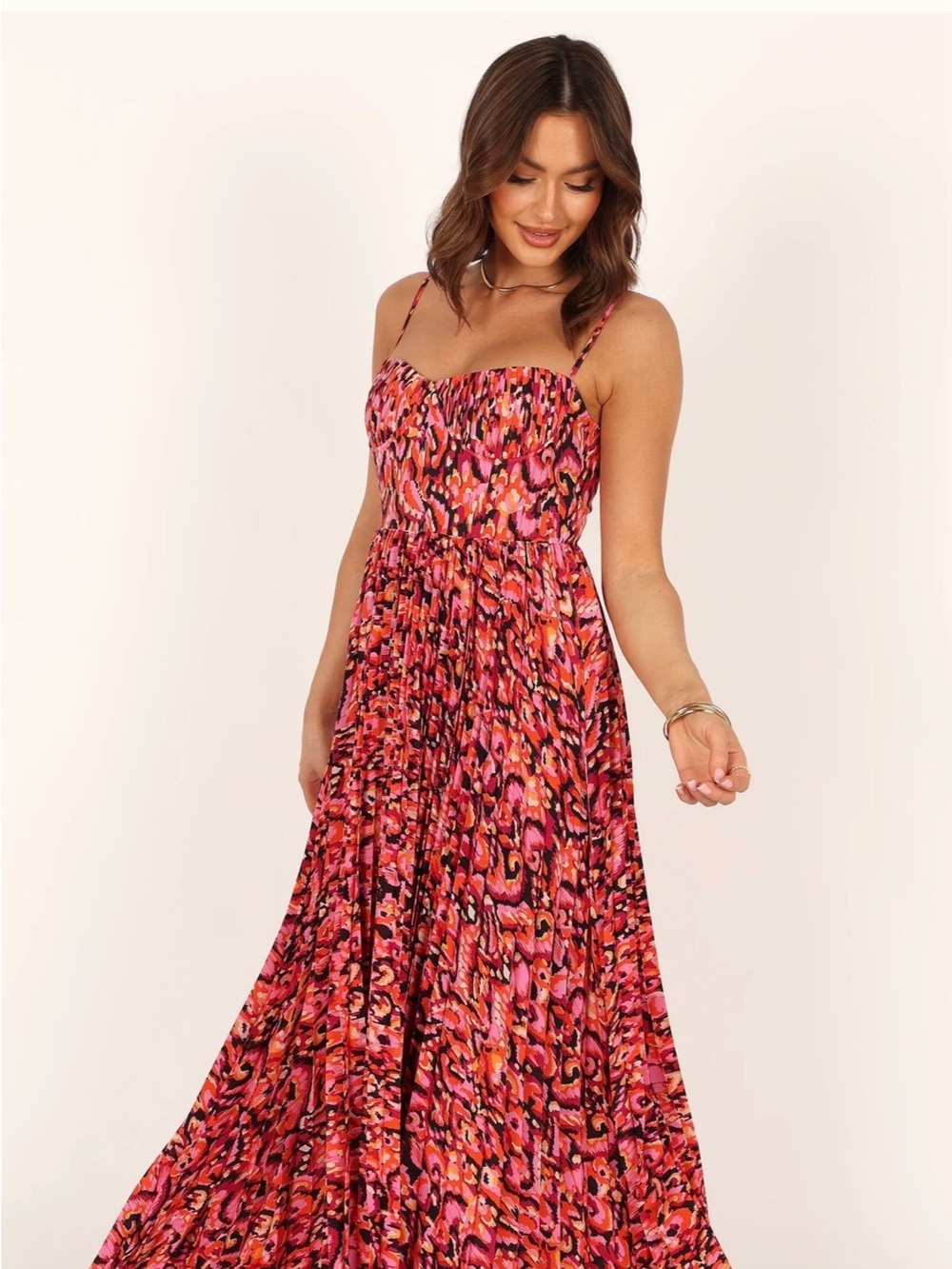 Petal & Pup Red-Pink Multi Pleated Maxi Dress